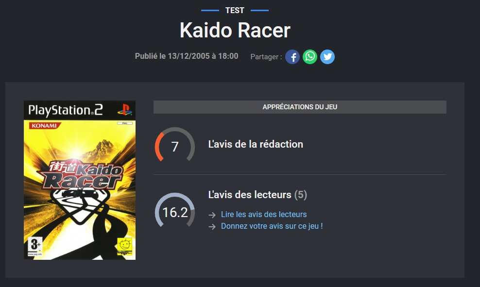 Capture d'écran du test sur JeuxVidéo.com concernant Kaido Racer (1). La rédaction avait attribué un 7/20 tandis que les joueurs (5 utilisateurs) avaient donnés une moyenne de 16.2/20.